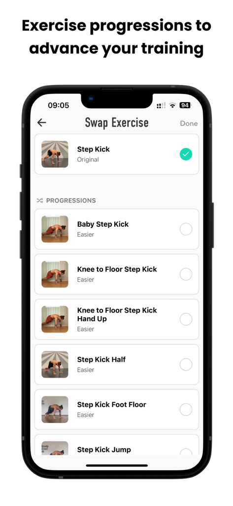 LeoMoves App-Oberfläche mit einer Liste von Übungsfortschritten und Variationen zum Austauschen von Workouts