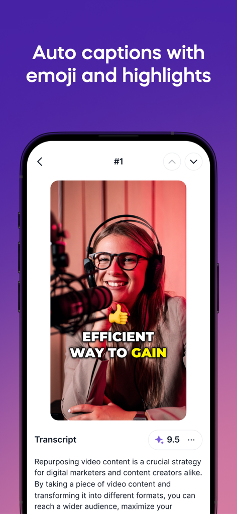 Smartphone screen showing the Vizard app auto captioning feature with emojis and text highlights on a video clip.