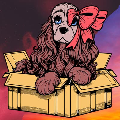 a spaniel american cocker with a beautiful bow coming out if a box realistic cute