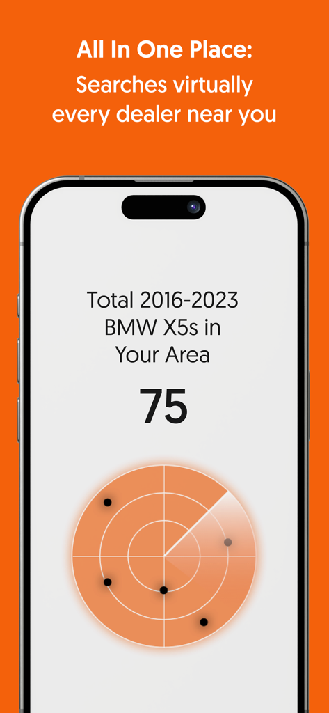 CoPilot app interface showing a radar visualization for searching cars across local dealerships