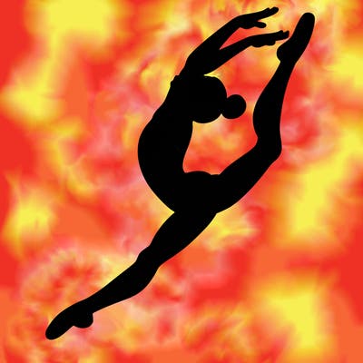 gymnast doing a leap in a leotard with a bent back leg