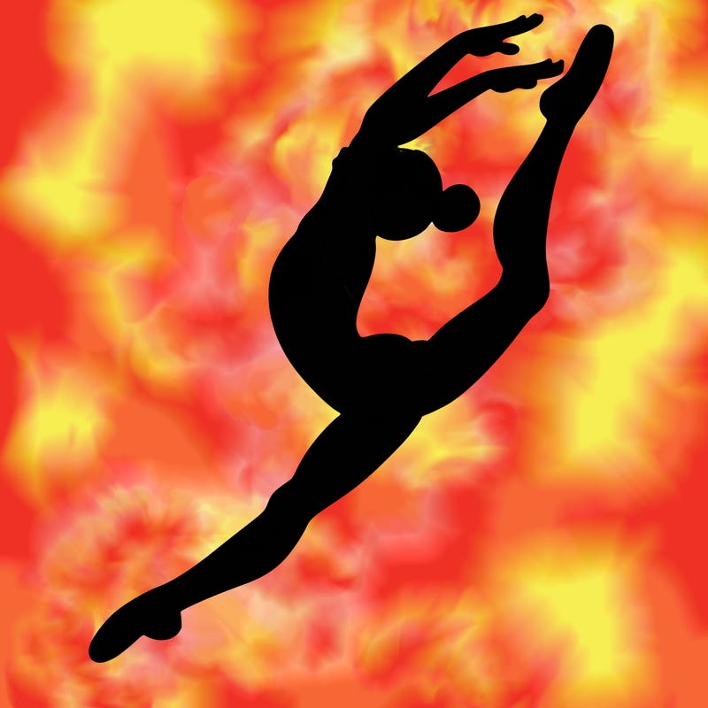 gymnast doing a leap in a leotard with a bent back leg