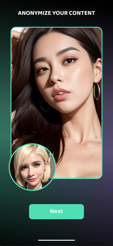 Lucky Loki: Face Swap - Lucky Loki App-Oberfläche, die die Funktion 'Inhalte anonymisieren' mit einer Face-Swap-Vorschau und einem 'Weiter'-Button zeigt.