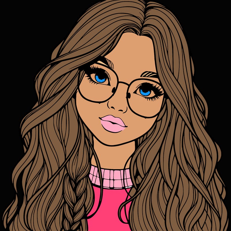 girl with long hair and freckles and glasses realistic