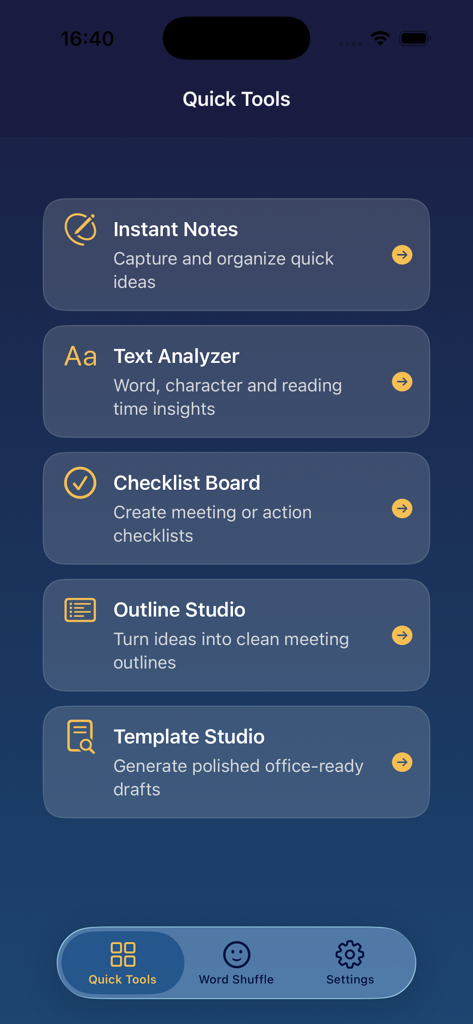 Quick Tools: Daily Life - Main dashboard of the Quick Tools app showing various productivity tools like notes and checklists