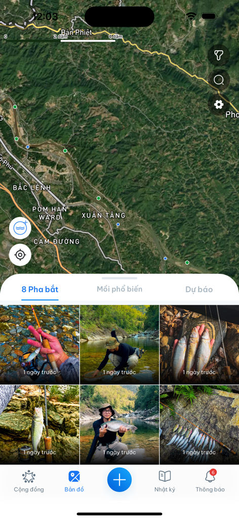 Fishmap - Satellite map of fishing locations above a gallery of user catches in the Fishmap app.