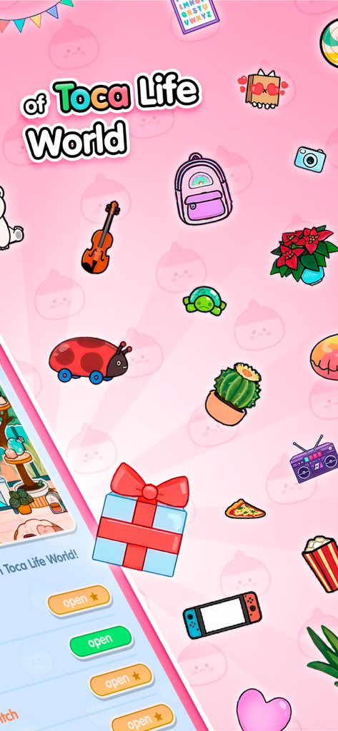 Various colorful Toca Life World items and stickers displayed on a pink background