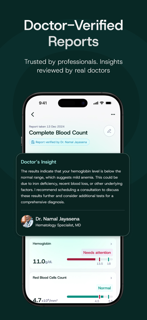 Ayubo - Interfaz de la aplicación móvil Ayubo que muestra un informe de análisis de sangre verificado por un médico con información médica profesional y seguimiento de datos de salud.