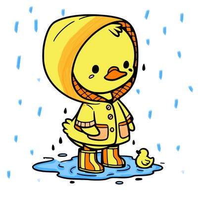 baby duck in a rain coat and boots, in a puddle while it’s raining