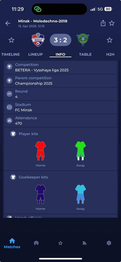 Detailed match statistics and team kit information on the Belarus Football app.