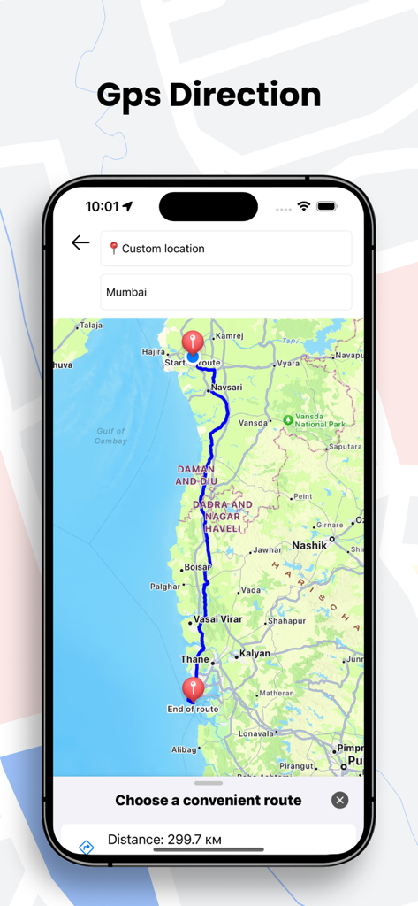 QuickNav Gps Map Navigation - QuickNav GPS app interface showing a mapped route to Mumbai with distance details and navigation directions.