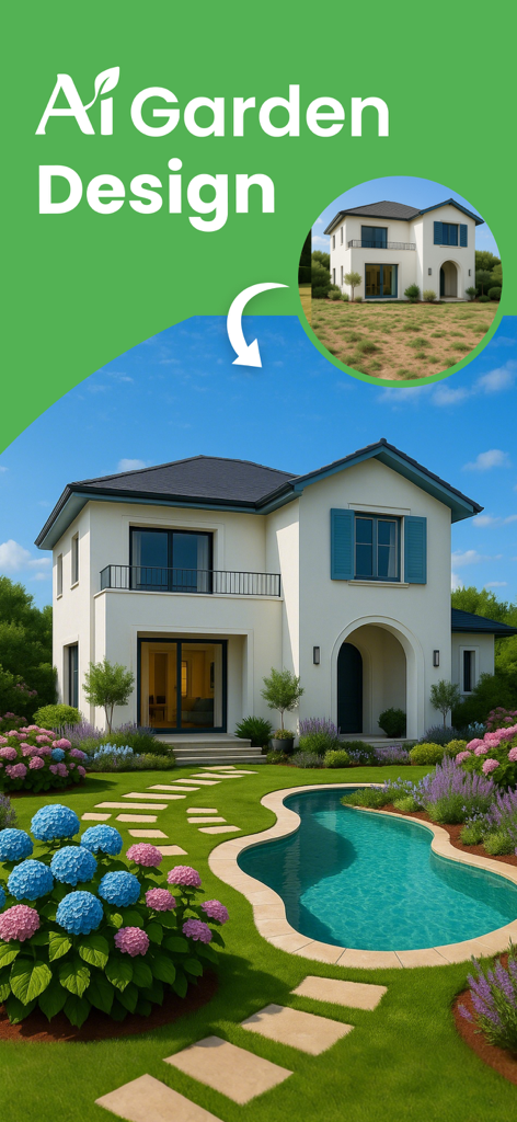 AI Garden- AI Landscape Design - A before and after comparison of a plain yard transformed into a luxury garden with a pool and flowers using AI Garden Design.