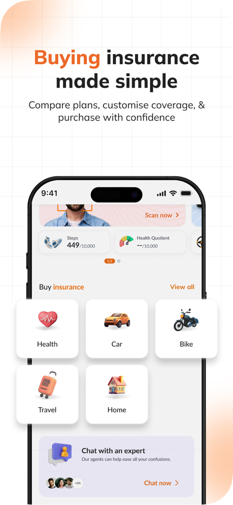 ILTakeCare mobile app screen showing insurance categories for health car bike travel and home with wellness tracking metrics