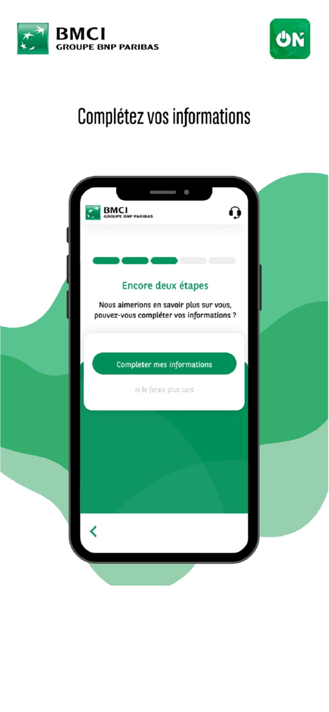 BMCI ON - BMCI ON mobile Banking-App-Registrierungsbildschirm, der den Fortschritt bei der Einrichtung des Kontos zeigt