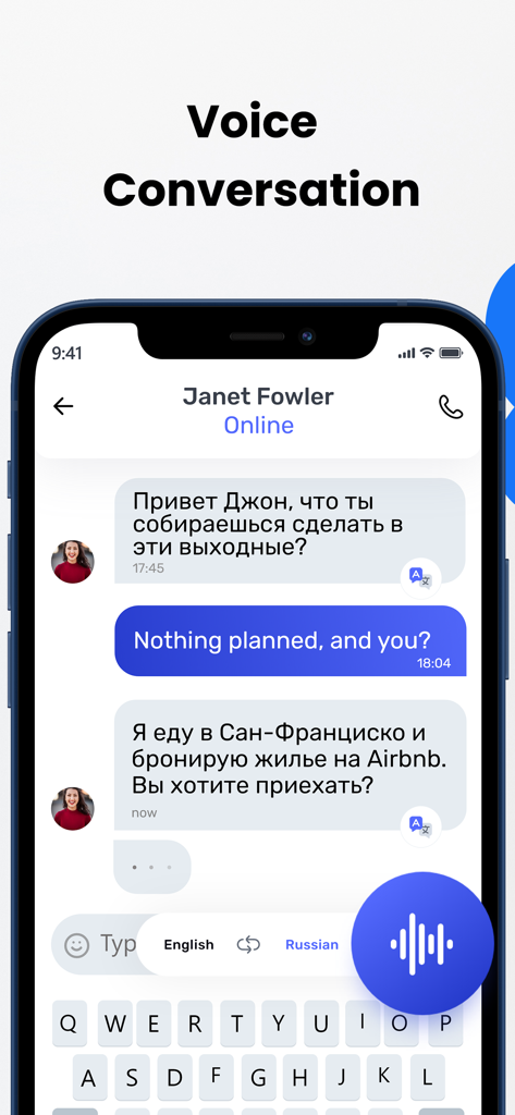 Translate - All Language - Mobile app screen displaying a voice conversation feature with real-time translation between English and Russian languages.