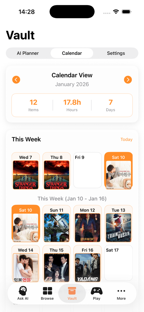 Calendar view of the Kiss AI app showing a weekly movie and drama schedule