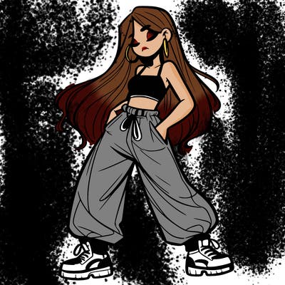 girl in baggy pants crop top and long hair