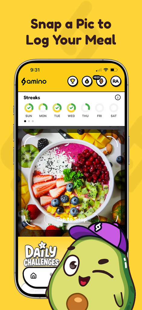 Amino: Free AI Calorie Tracker - Interfaz de la aplicación Amino que muestra la función de registro de comidas por foto con IA, con un colorido tazón de batido