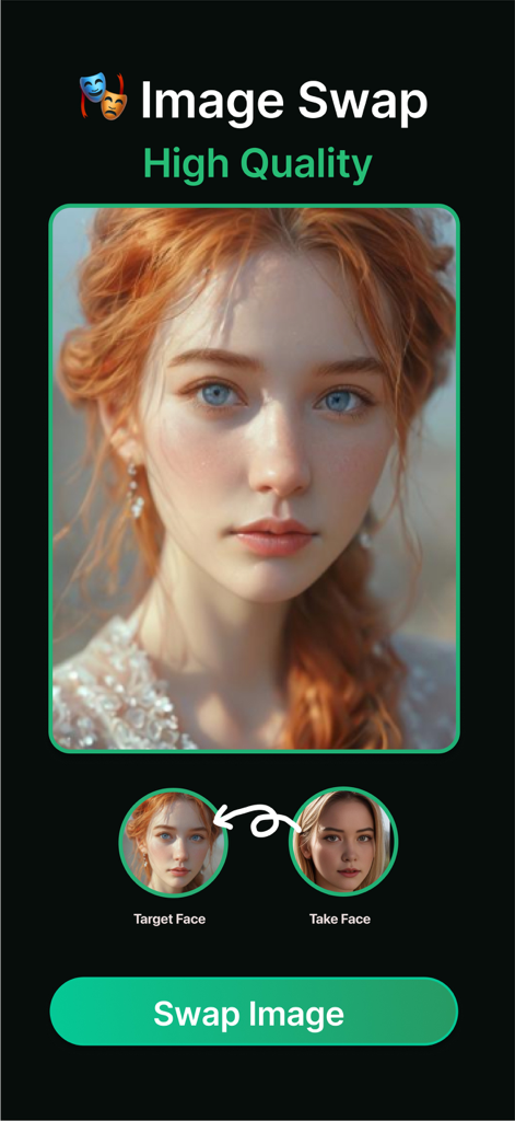 Funy AI app screen showing a high quality image face swap feature with a portrait of a woman.