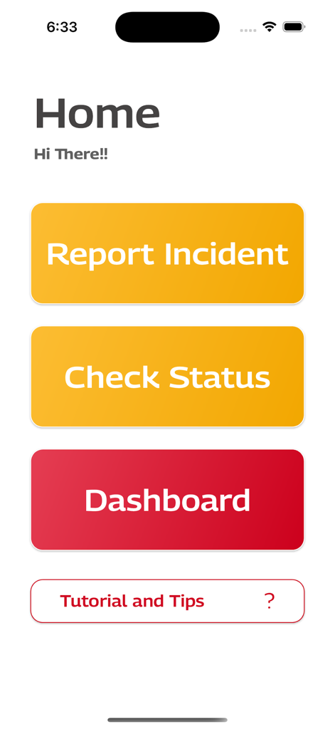 M-Safe app home screen with buttons for report incident, check status, and dashboard.