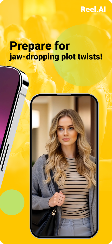 Reel.AI - A woman featured on a smartphone screen within the Reel.AI app interface against a vibrant yellow background with the headline Prepare for jaw-dropping plot twists