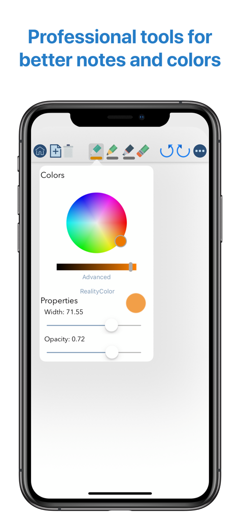 The QuickNotes X Pro interface on iPhone displaying professional drawing tools including an advanced color wheel and brush property sliders for width and opacity.