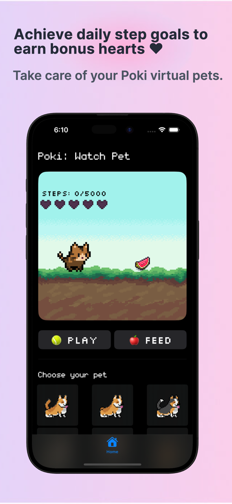 poki - virtual watch pet - Interfaz de la aplicación Poki para mascotas de Apple Watch con un gato de pixel art y un rastreador de objetivos de pasos diarios