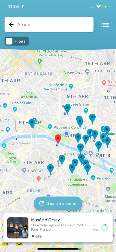 Affluences app map view showing real time wait times and occupancy for venues in Paris