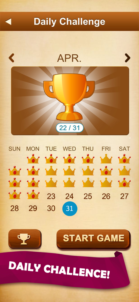 A monthly calendar view for Sudoku Fever daily challenges showing completed days with crowns and a gold trophy