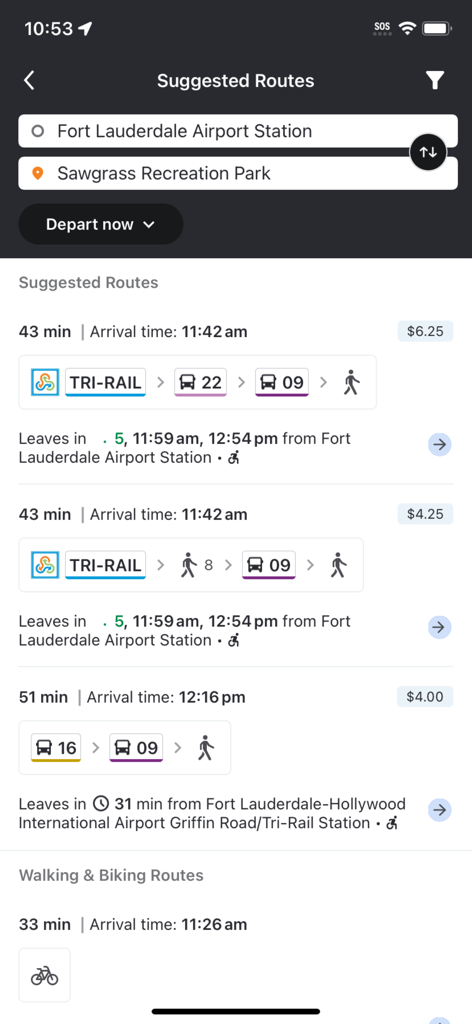 SoFloGO - SoFloGO app screen showing multiple public transportation route options from Fort Lauderdale Airport with arrival times and ticket prices.