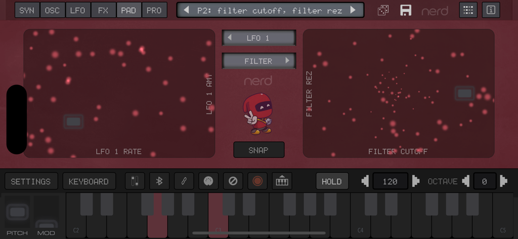 Interface of NERD Synth A2x app showing two touchpads for modulating LFO and filter settings