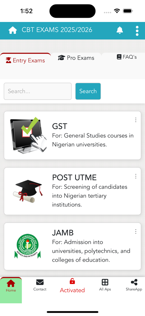 Interfaz de la aplicación ePractice CBT que muestra exámenes de ingreso nigerianos, incluidos GST POST UTME y JAMB