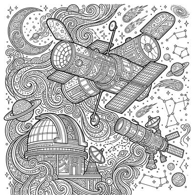 Unleash your inner astronaut with this captivating adult coloring page, showcasing majestic space telescopes and the wonders of the universe. Dive into a world of intricate cosmic patterns, perfect for mindful relaxation and creative expression.