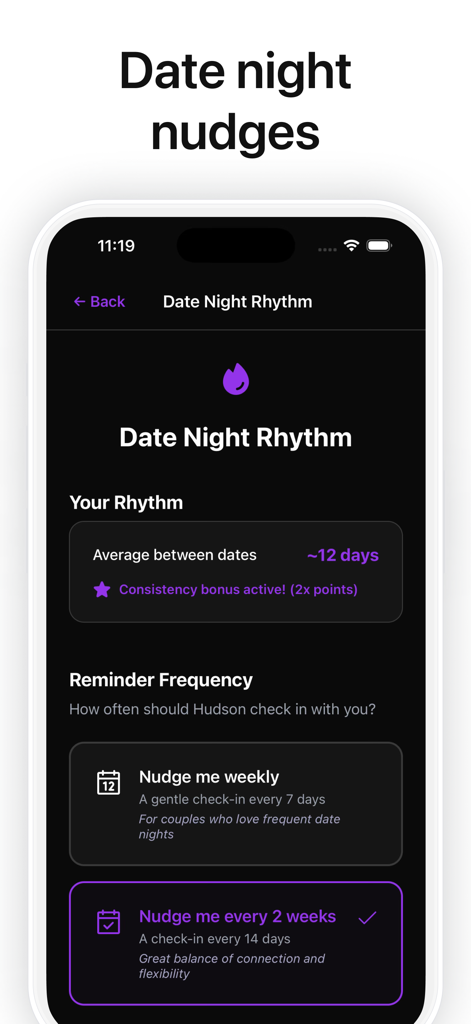 Hudson Relationship Assistant - Interface of Hudson app showing date night rhythm statistics and reminder frequency options