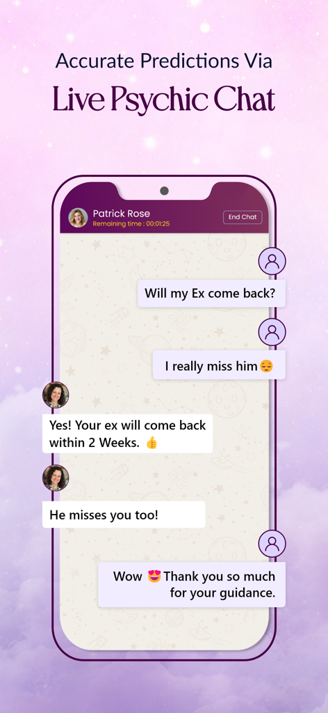 A live psychic chat interface in the Tarot Life app showing a user receiving love life predictions about an ex.