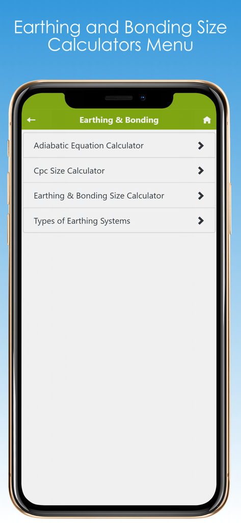 アースとボンディングの計算オプションを示す電気アプリ画面
