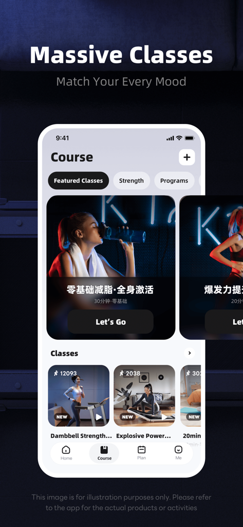 KS Fit app screen displaying a variety of fitness classes and home workout courses.