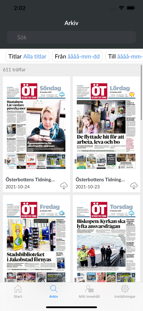 Archive section of the eÖT app showing digital replicas of previous newspaper editions