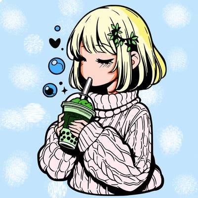 manga girl drinking boba in cozy sweater