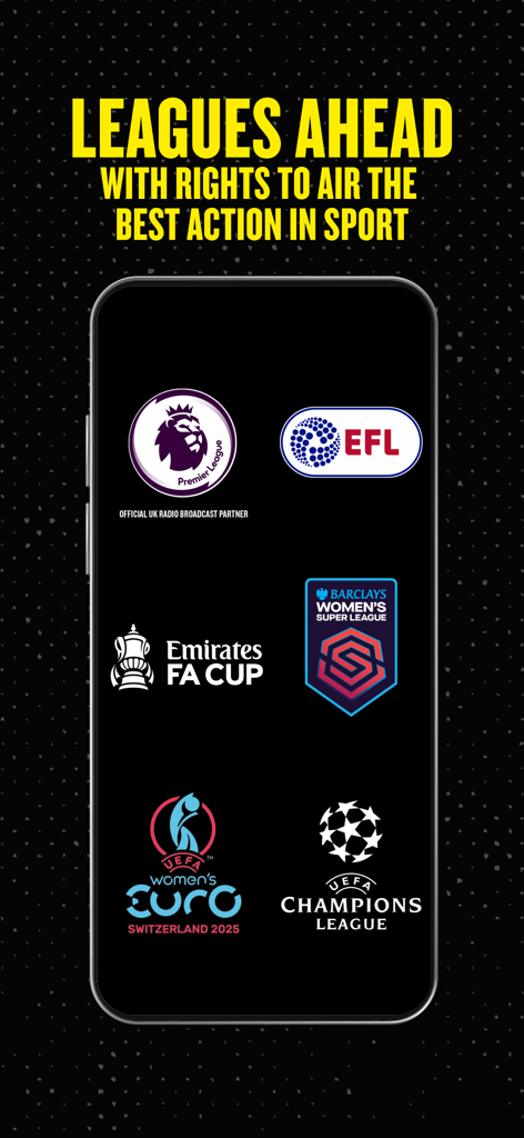 talkSPORT - Smartphone screen showcasing logos of major soccer leagues including Premier League, EFL, FA Cup, and Champions League broadcasted on talkSPORT