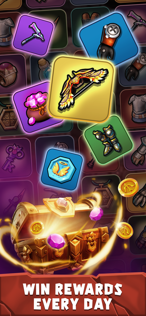 Combat Quest: Idle Dungeon RPG - Combat Questの宝石と装備の報酬が入った金色の宝箱が開く様子