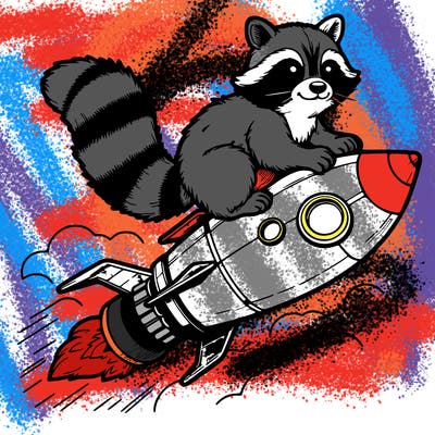 realistic raccoon flying on top rocket ship