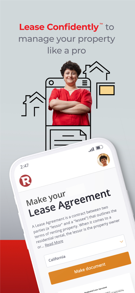 Mobile app screen showing a feature to create a professional lease agreement for property management