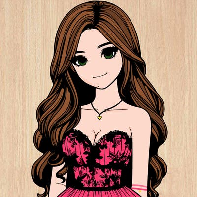 realistic girl with long hair and pretty prom dress