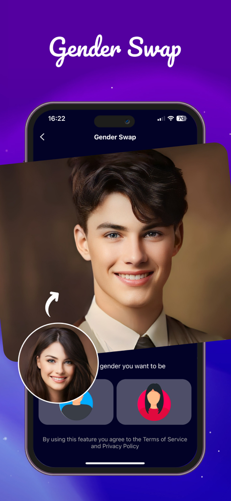 AI Anime Photo Effect - AIアニメ写真加工アプリのインターフェースに、女性のポートレートを男性のポートレートに変換するジェンダースワップ機能が表示されている。 