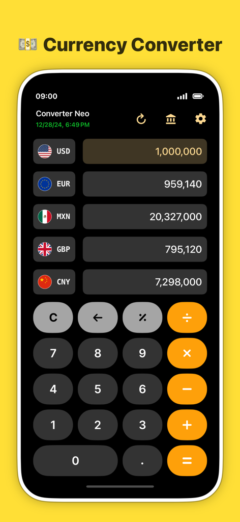Currency Converter Neo Offline - Currency Converter Neo Offline app interface showing multiple currency conversions on a dark mode screen.