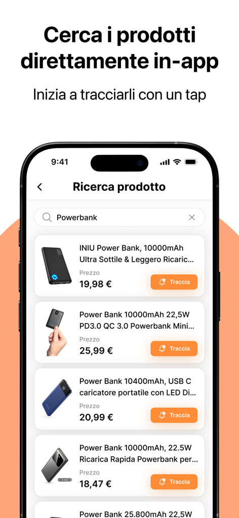 AZ Tracker - Smartphone-Bildschirm zeigt die Suchergebnisse der AZ Tracker App für Powerbanks mit Preistasten