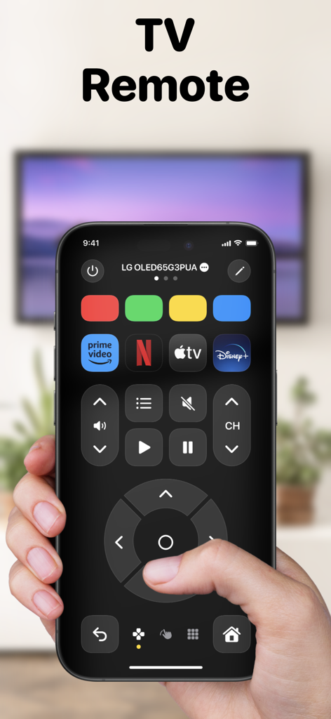 TV Remote +ㅤ - Una mano sosteniendo un iPhone usando la aplicación TV Remote plus para controlar un Smart TV LG