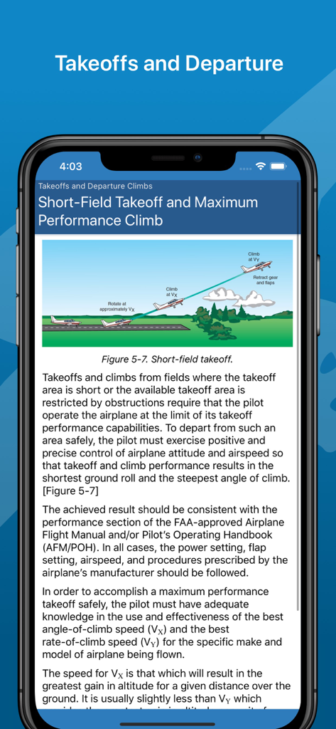Diagrama e texto explicando uma decolagem em campo curto e subida de desempenho máximo dentro do aplicativo Manual de Voo de Avião.