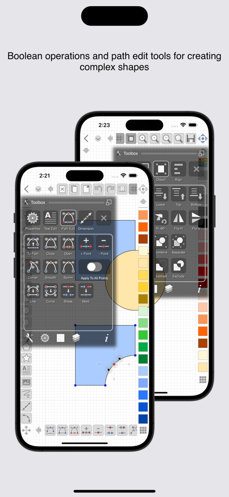 iDesign App-Oberfläche auf dem iPhone zeigt Pfadbearbeitungs- und Boolesche Operationstools für technische Vektorgrafiken.